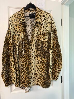 R13 Leopard Print Western fringes Button-Up Shirt in Yellow and Black size med